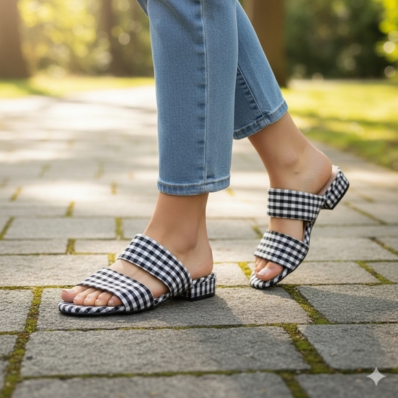 Bar III Shoes - Bar III Women's Size 9W Black & White Gingham Preppy Double Strap Slide Sandals